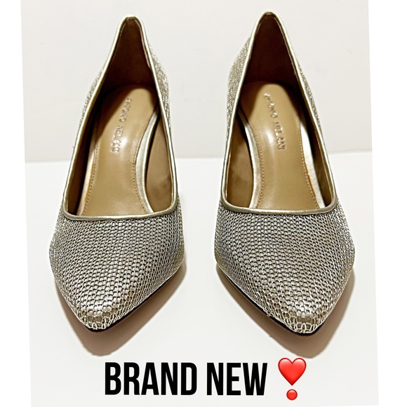 Enzo Angiolini NWOB Gold Leather Pointed Toe Pumps With Metallic Mesh Overlay 7M - Picture 3 of 10